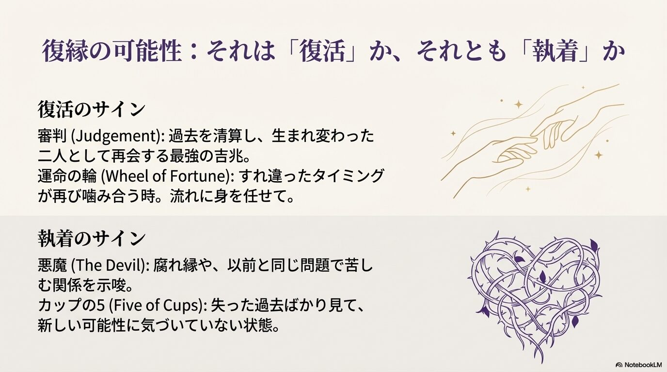 差し伸べ合う手（復活のサイン）と茨の絡まったハート（執着のサイン）のイラスト。審判・運命の輪と、悪魔・カップの5の対比解説。