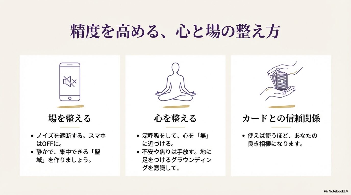 瞑想する人物のシルエットと、カードをシャッフルする手元のイラスト。ノイズを遮断し、グラウンディングを行うことの重要性を説く図。