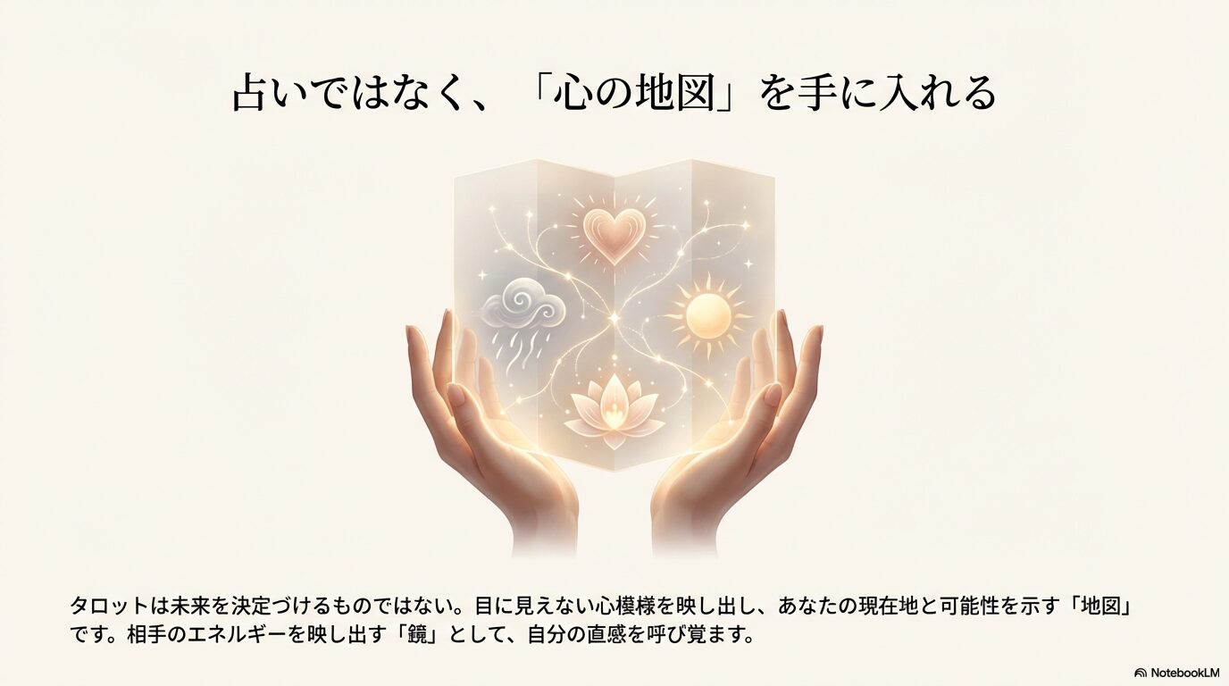 光るタロットカードが心の現在地と可能性を示す地図となっているイメージ