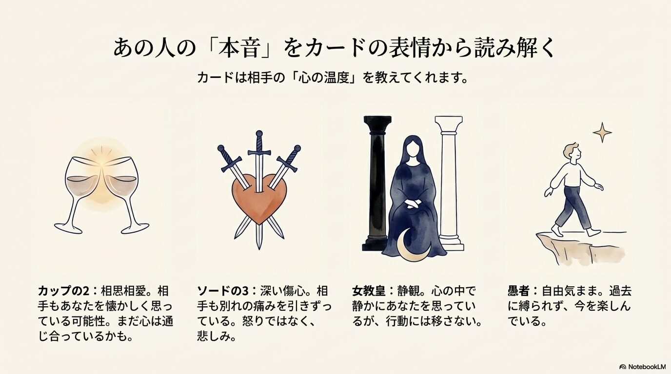 カップの2、ソードの3、女教皇などのタロットカードとそれぞれの意味の解説