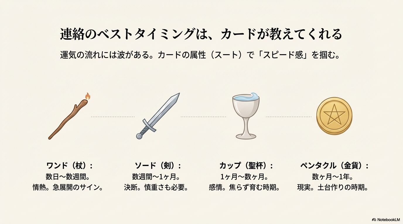 ワンド、ソード、カップ、ペンタクルの各スートが示す期間とスピード感のイラスト