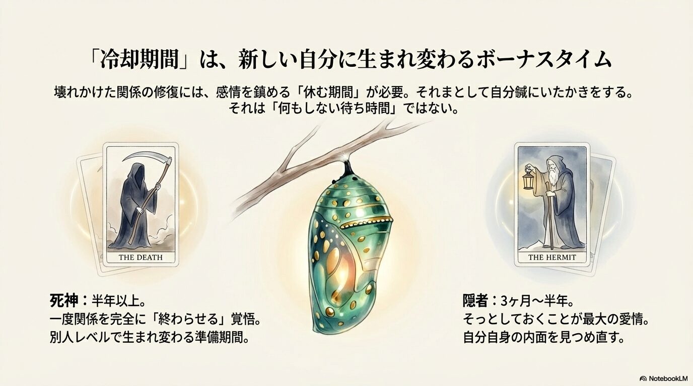 死神と隠者のタロットカードが示す長期および中期の冷却期間の解説