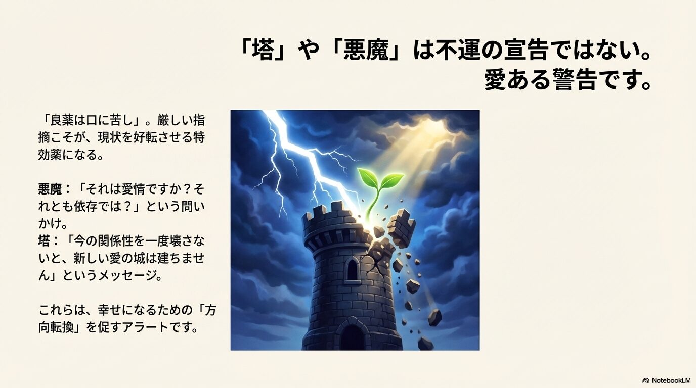 雷に打たれて崩れる塔と、そこから新たに芽生える植物のイラスト