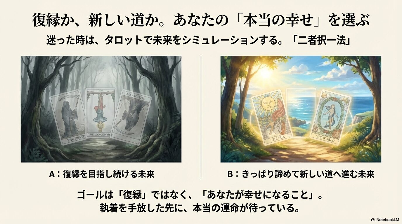 復縁を目指す未来と新しい道へ進む未来の二つの選択肢を示すタロットカード