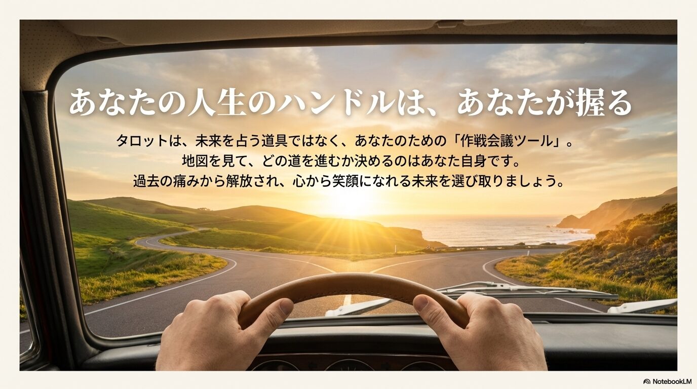 自分の手で人生のハンドルを握り、未来へ進んでいくイメージイラスト