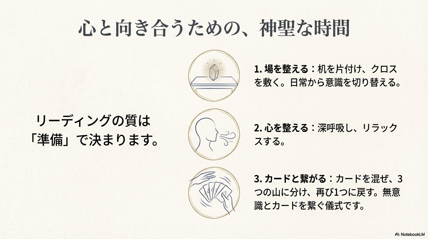 場を整えるクリスタル、呼吸で心を整える様子、カードをシャッフルする手元のイラストによる準備手順の図解