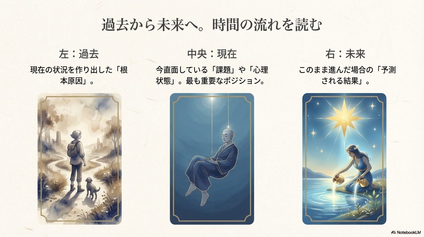 旅立ちを表す過去、瞑想する現在、星に願う未来など、時間の流れを象徴するタロットカードの配置図