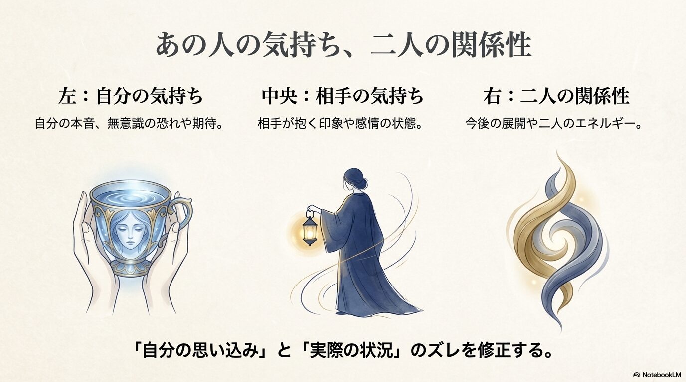 カップの中の顔、ランプを持つ人、混ざり合うエネルギーなど、自分と相手の気持ちや関係性のズレを修正するためのイメージ図