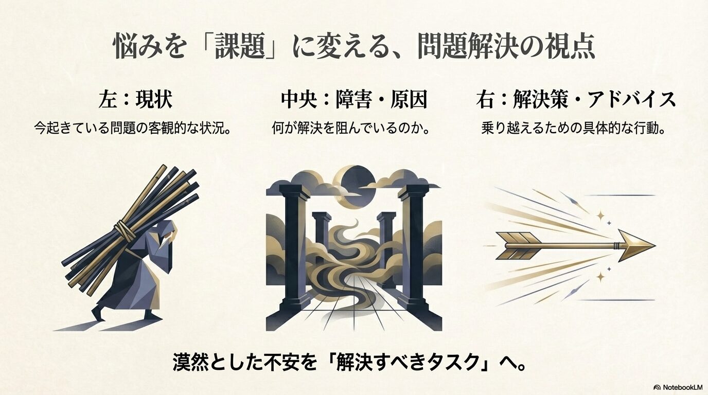 重荷を背負う姿、行く手を阻む柱、突き進む矢印のイラストで、現状・障害・解決策の流れを表した図