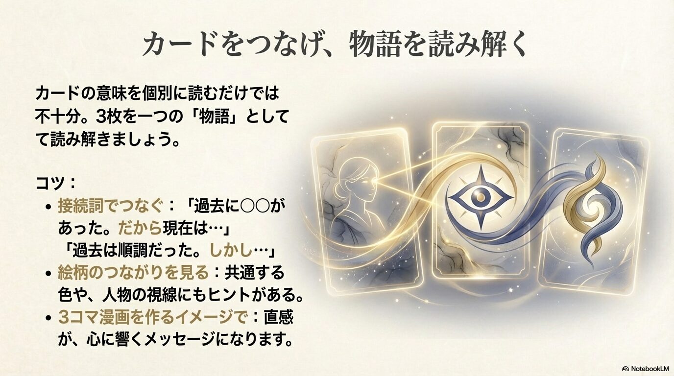 バラバラのカードを接続詞や絵柄の共通点でつなぎ、ストーリーとして読み解くためのポイント解説