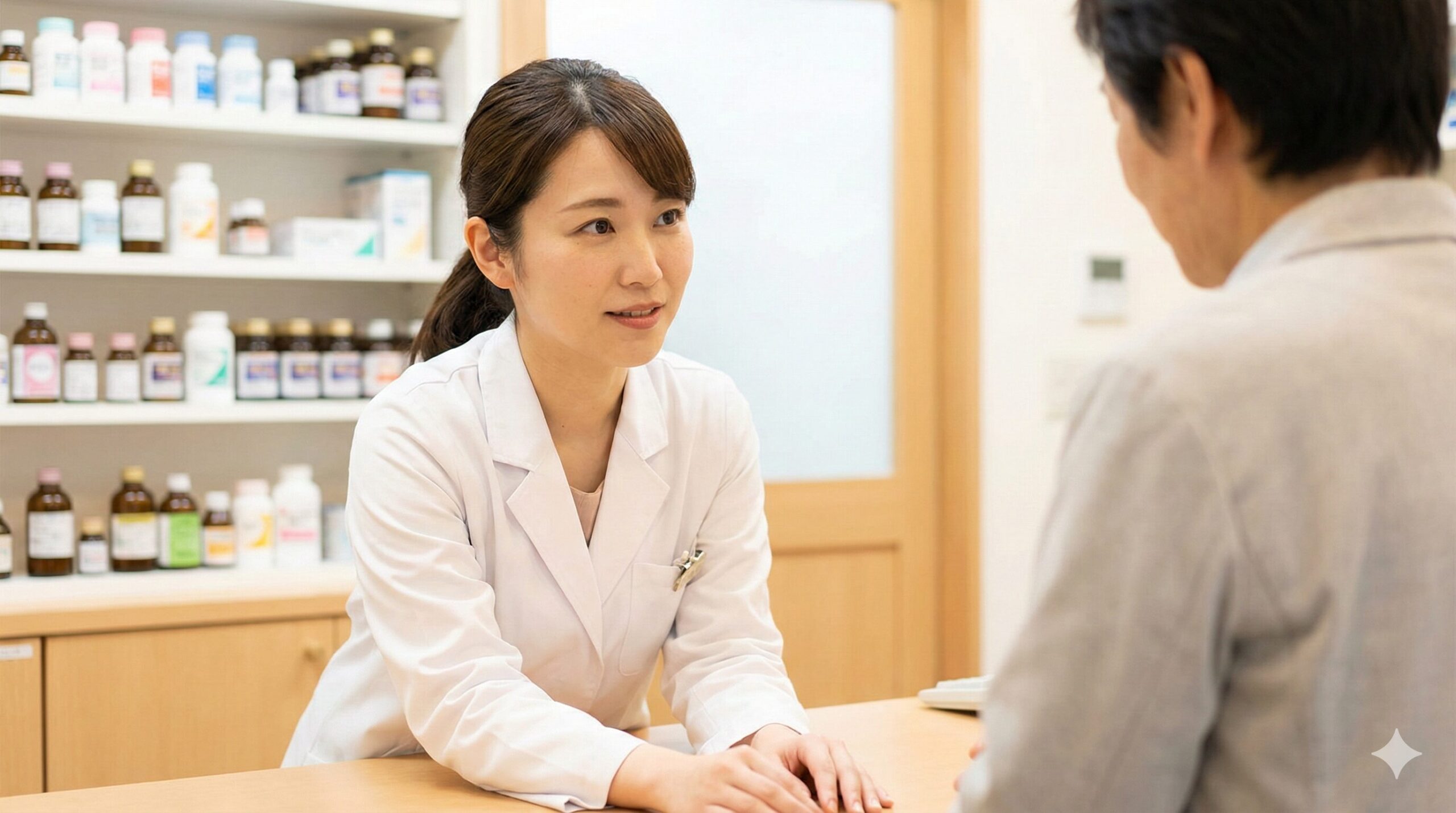 日本の薬局のカウンター越しに、女性薬剤師が患者と穏やかに会話をしている様子。