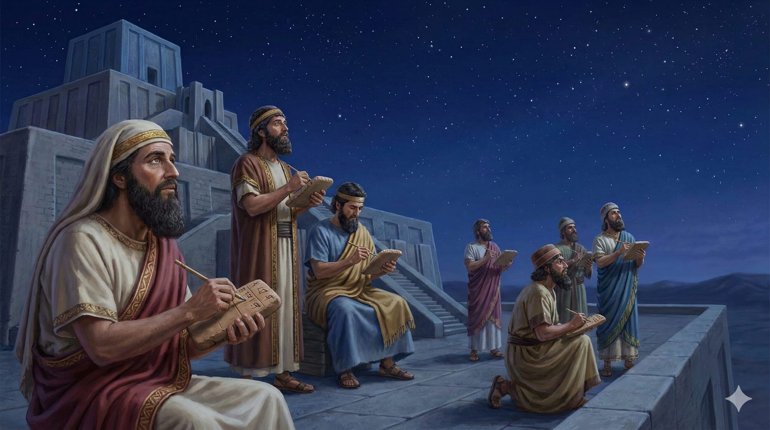 古代バビロニアのジッグラトで、神官たちが夜空を観測し、粘土板に記録をつけている歴史的な再現シーン。