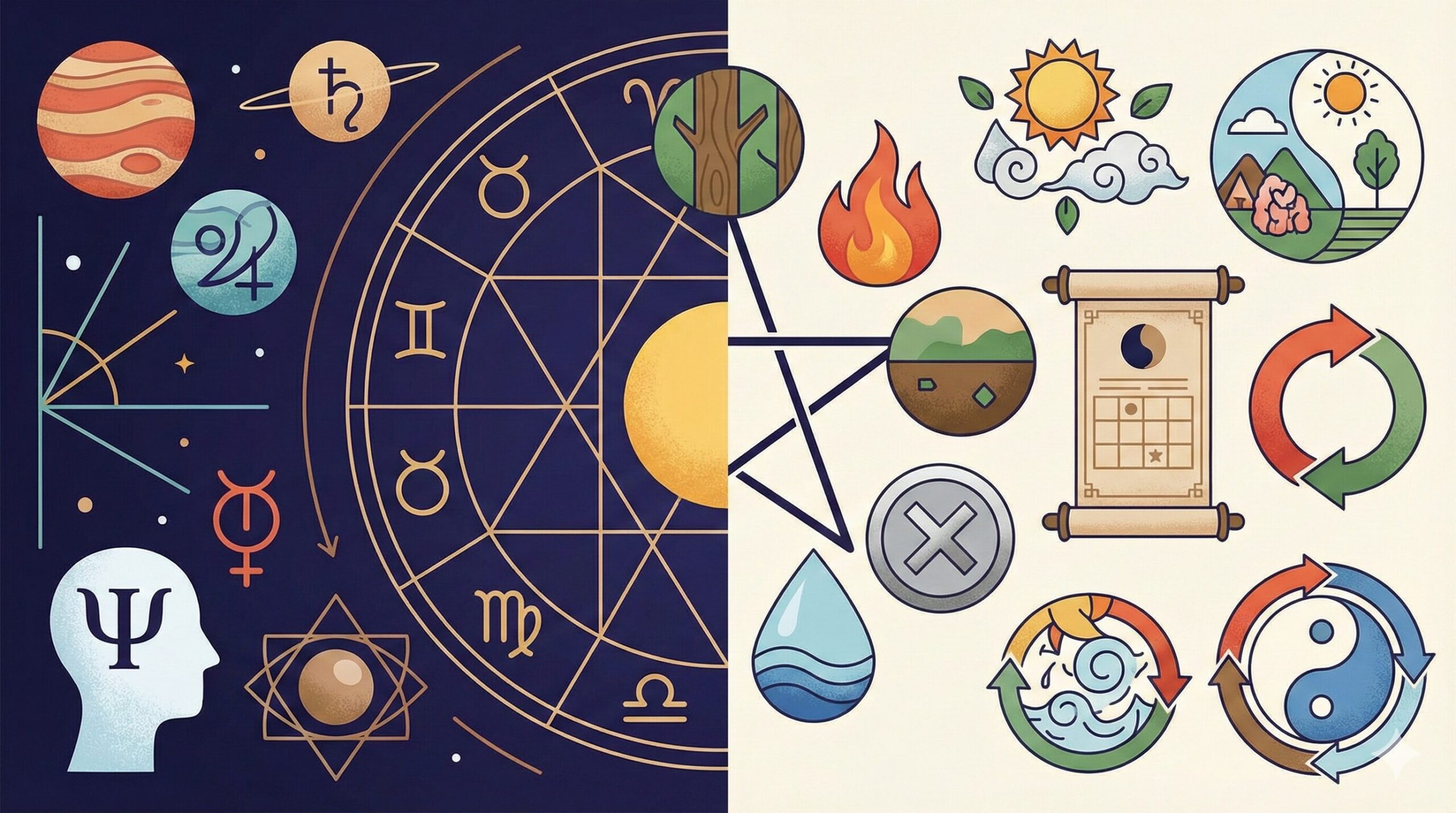 西洋占星術の惑星と幾何学的なアプローチ、東洋占星術の陰陽五行と自然循環のアプローチを対比させたコンセプトイメージ。