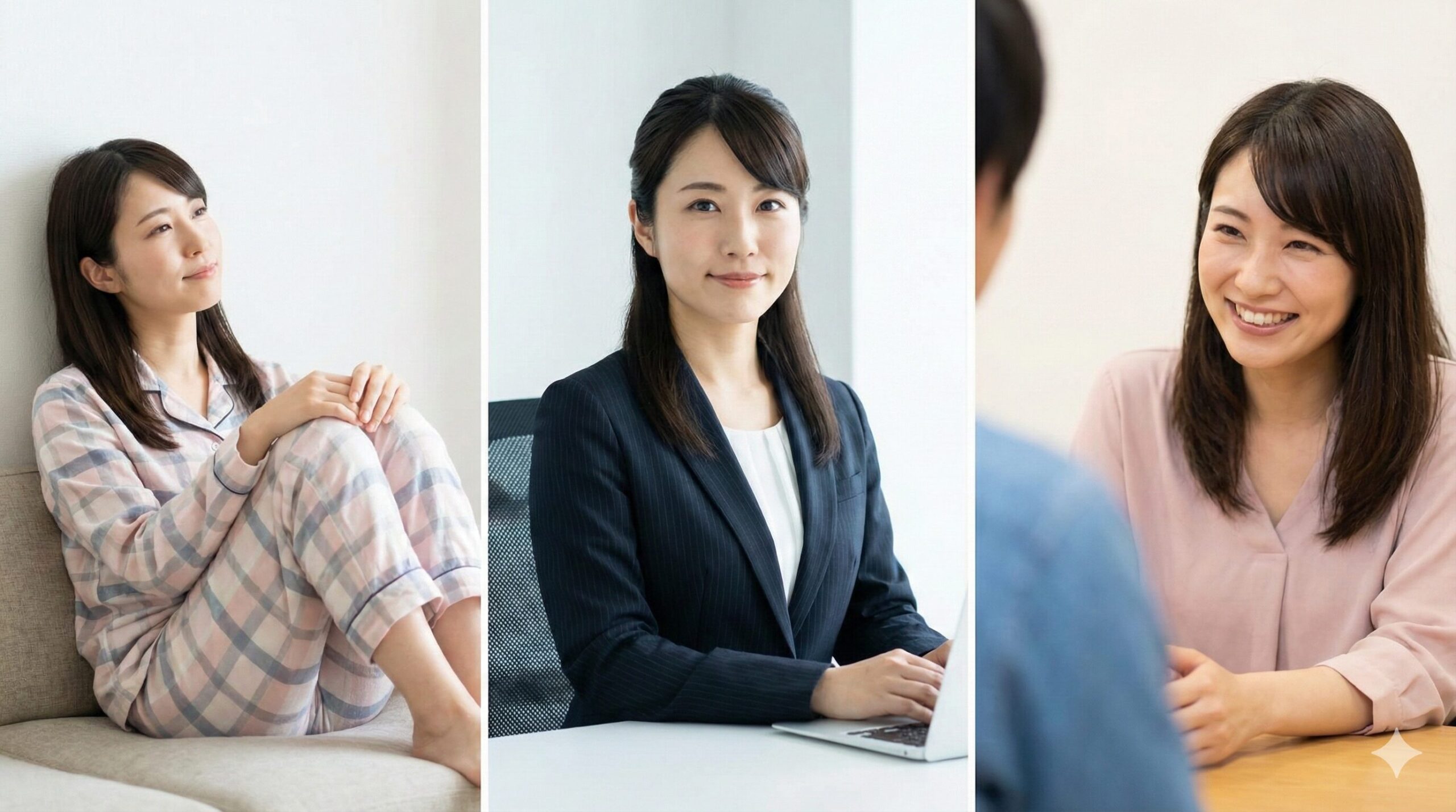 一人の女性の「表向きの顔（太陽）」、「素の顔（月）」、「第一印象（アセンダント）」という3つの異なる側面を表現したイメージ画像。