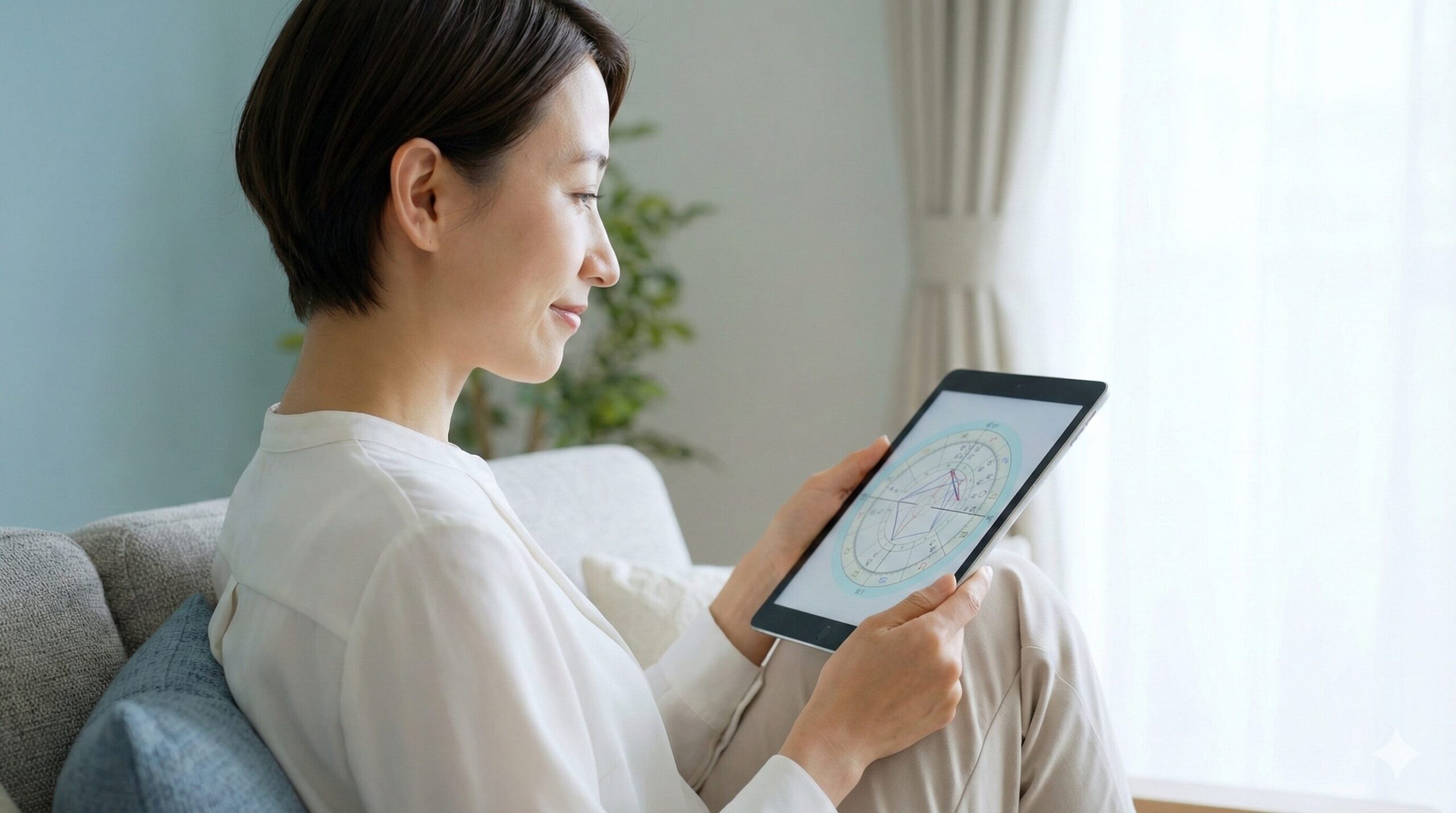 現代の日本の部屋で、女性がリラックスして自分のホロスコープ図を穏やかに見つめ、自己受容を感じている様子。