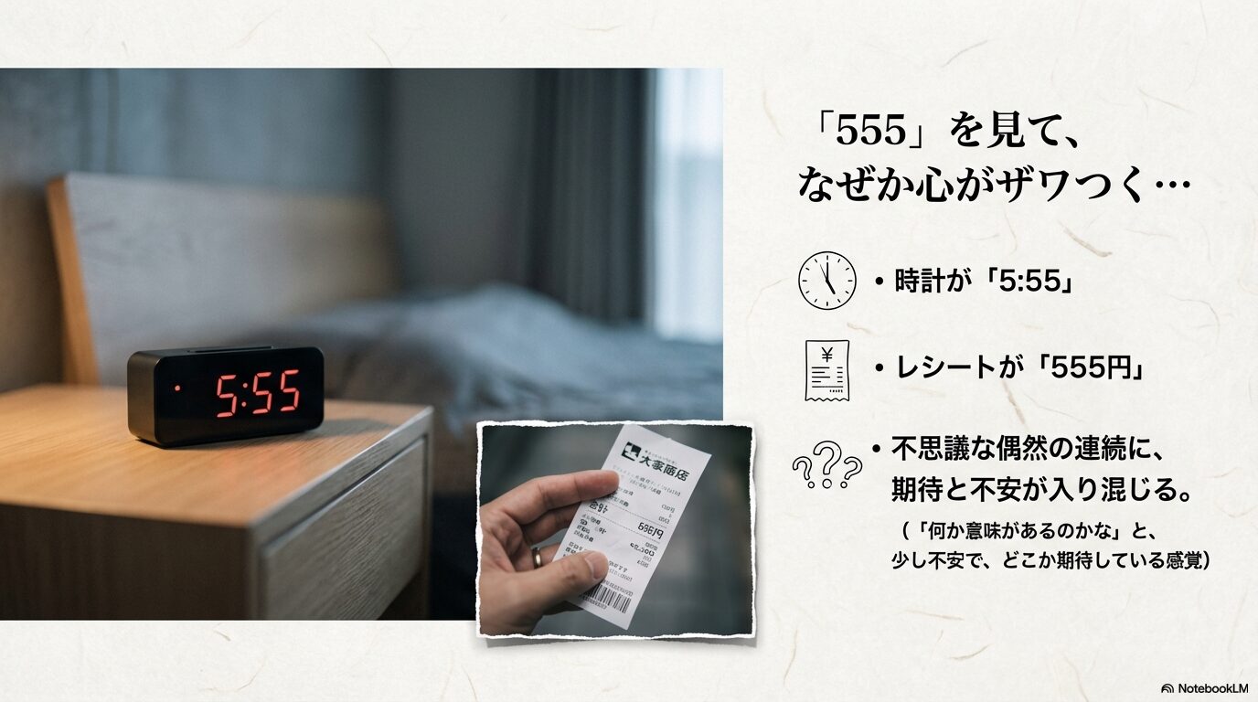 時計の5:55やレシートの555円を見て、期待と不安が入り混じる様子のイメージ図