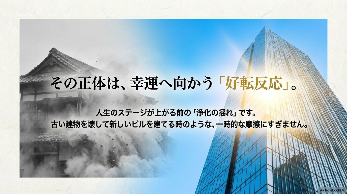 人生のステージが上がる前の好転反応を、古い建物の解体工事に例えたイラスト