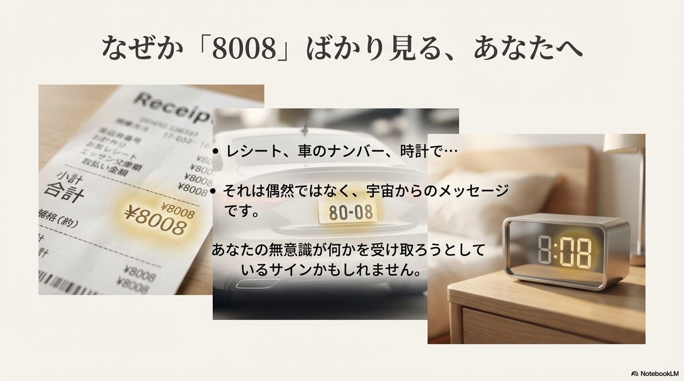 レシートの合計金額やデジタル時計、車のナンバープレートに表示された8008。偶然ではなく宇宙からのメッセージであることを示すイメージ。