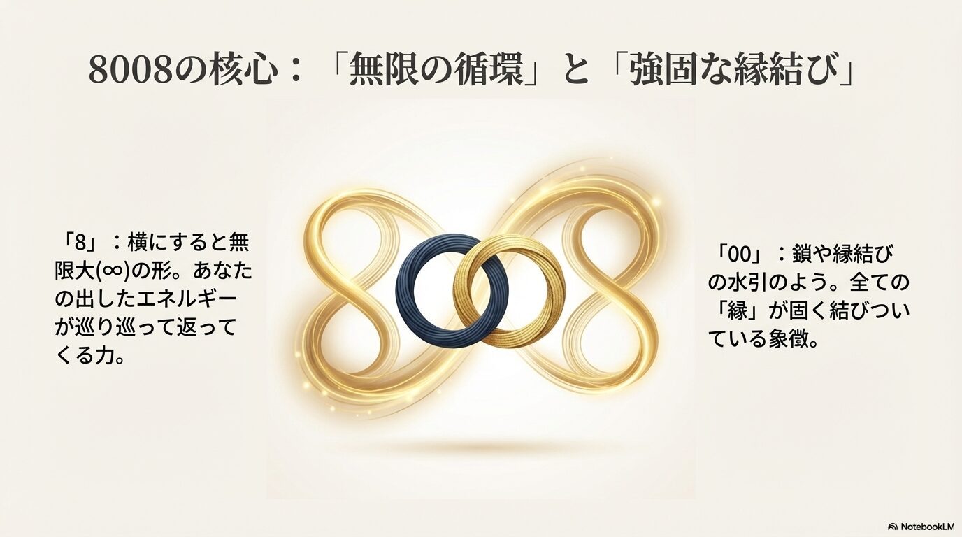 数字の8が示す無限大のエネルギー循環と、00が示す鎖のような強固な縁結びの意味を図解したイラスト。