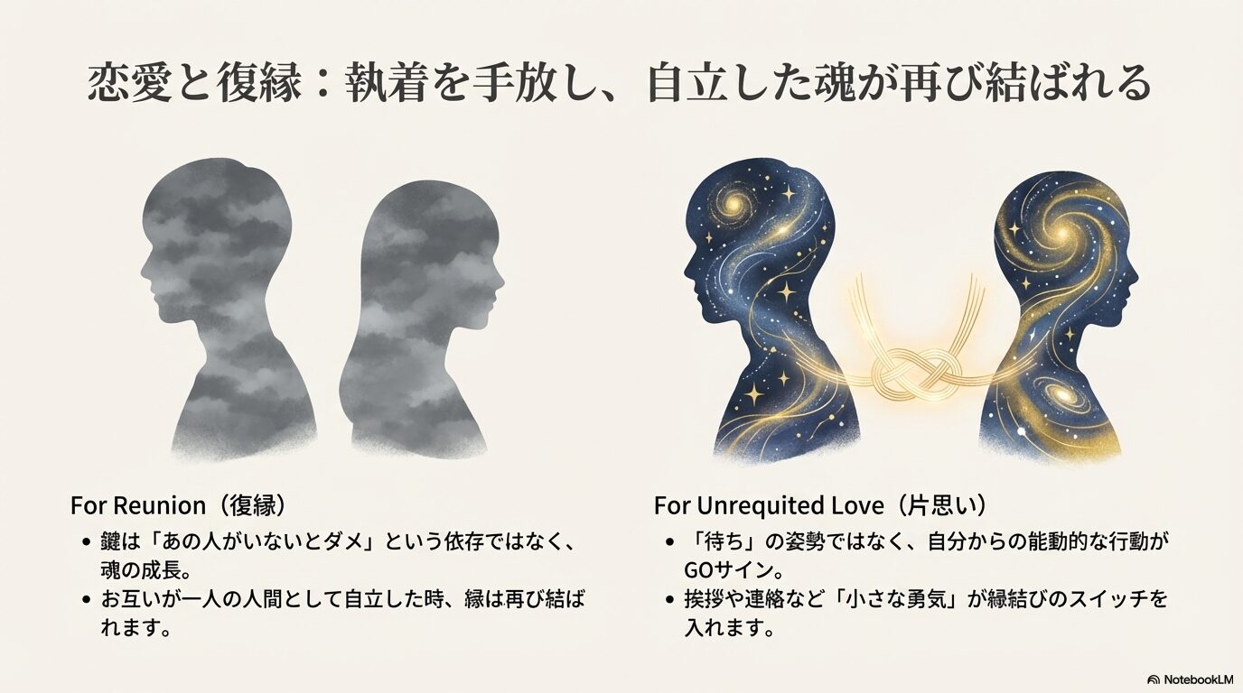 宇宙的な意識を持つ二人の人物のシルエットが、黄金の結び目で繋がっている神秘的なイラスト。執着を手放し自立することで縁が結ばれることを表現。