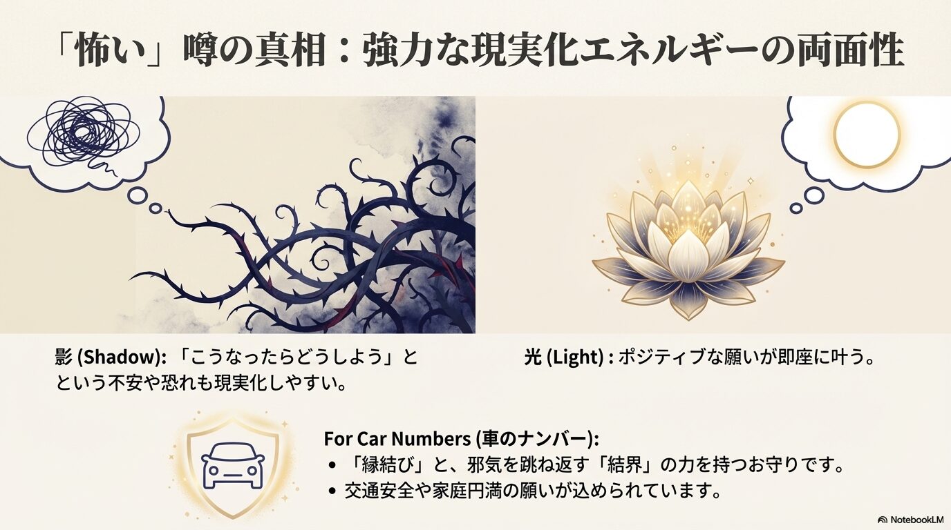 不安を象徴する黒い茨(影)と、願望成就を象徴する輝く蓮の花(光)の対比イラスト。思考が即座に現実化する強いエネルギーを表現。