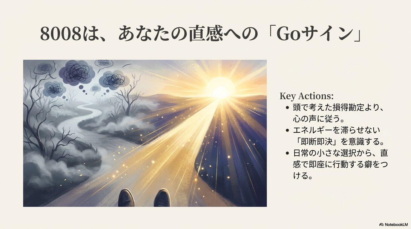 迷いの霧を抜けて、強い光が指す方向へと進む足元のイラスト。直感が正しい道を示していることを表現。