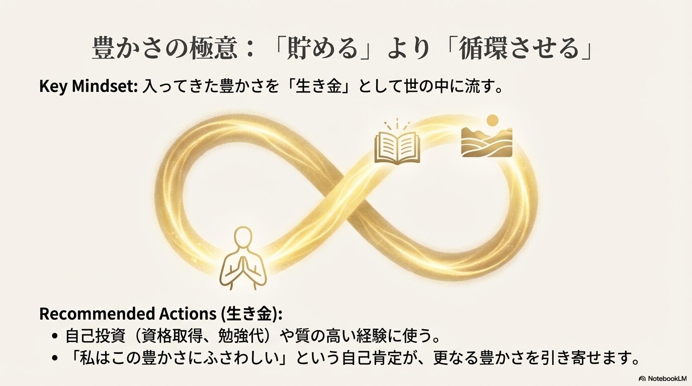 金運を貯め込むのではなく、自己投資や質の高い経験に使うことで、さらに大きな豊かさが循環してくる様子を表したイメージ。