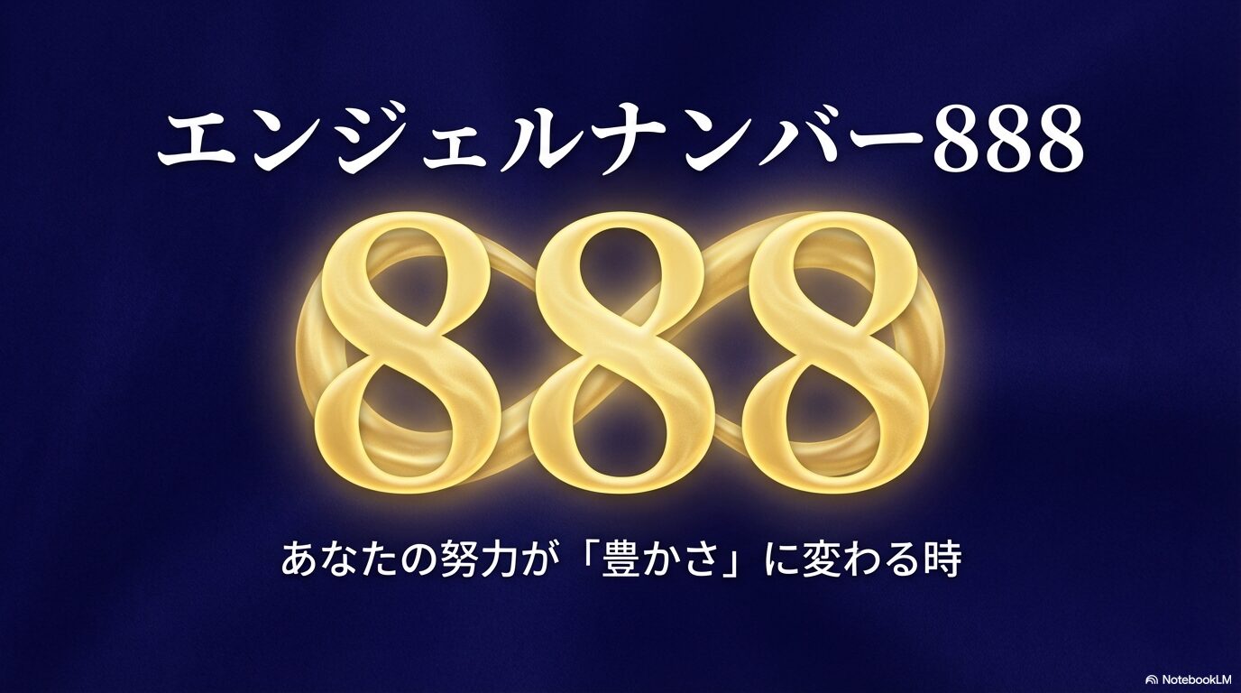 黄金に輝くエンジェルナンバー888のロゴと無限のループを示すデザイン