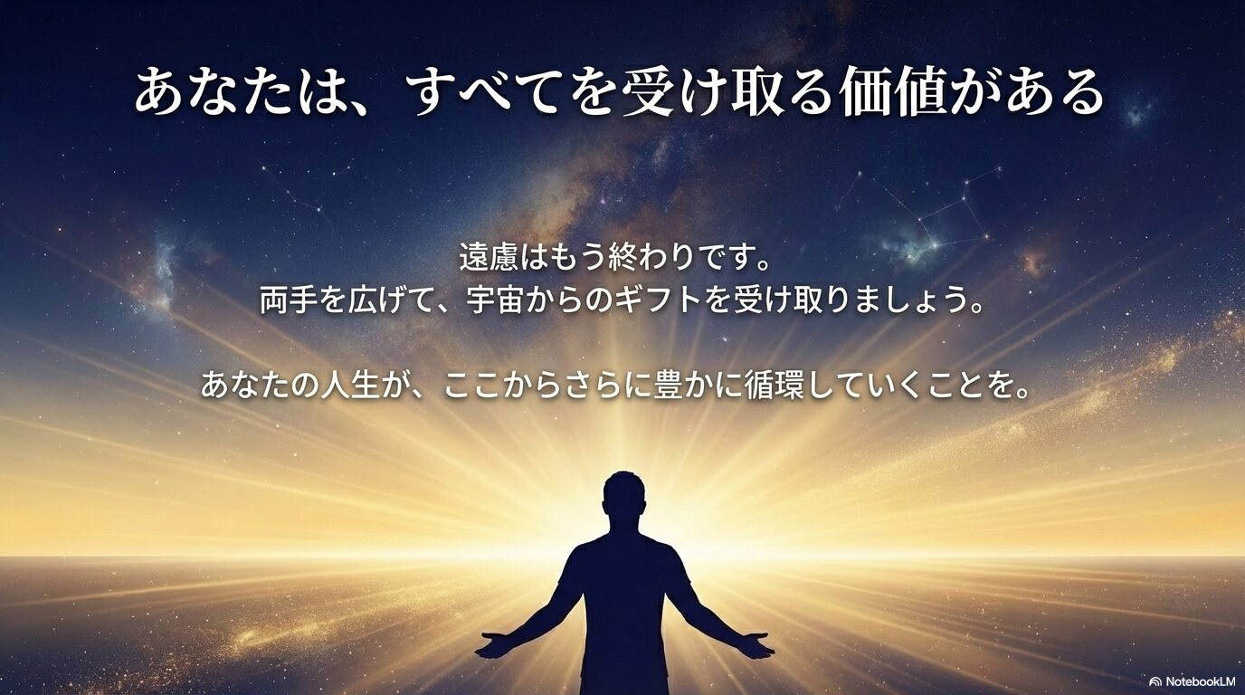 宇宙からの豊かさを堂々と受け取る女性のシルエットと、読者へのエンパワーメントメッセージ