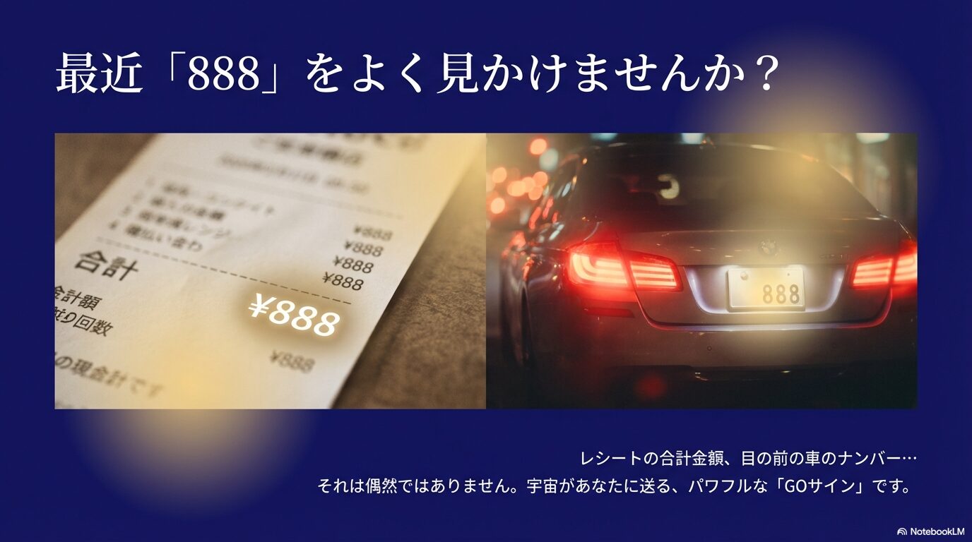 レシートの合計金額や車のナンバープレートで888を見かける日常のシーンと宇宙からのGOサインというメッセージ