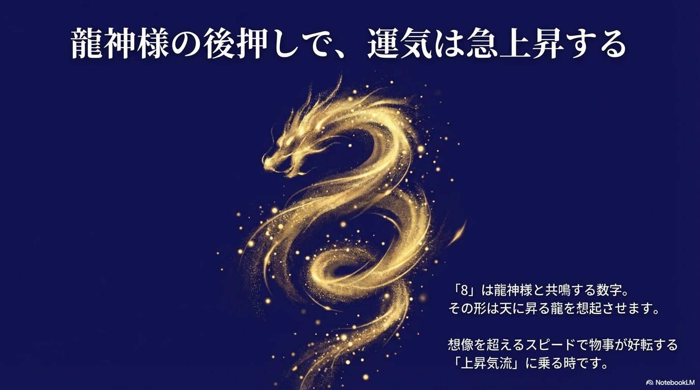 天高く昇る龍神のイメージ。888が龍神と共鳴し運気が急上昇することを示すスライド