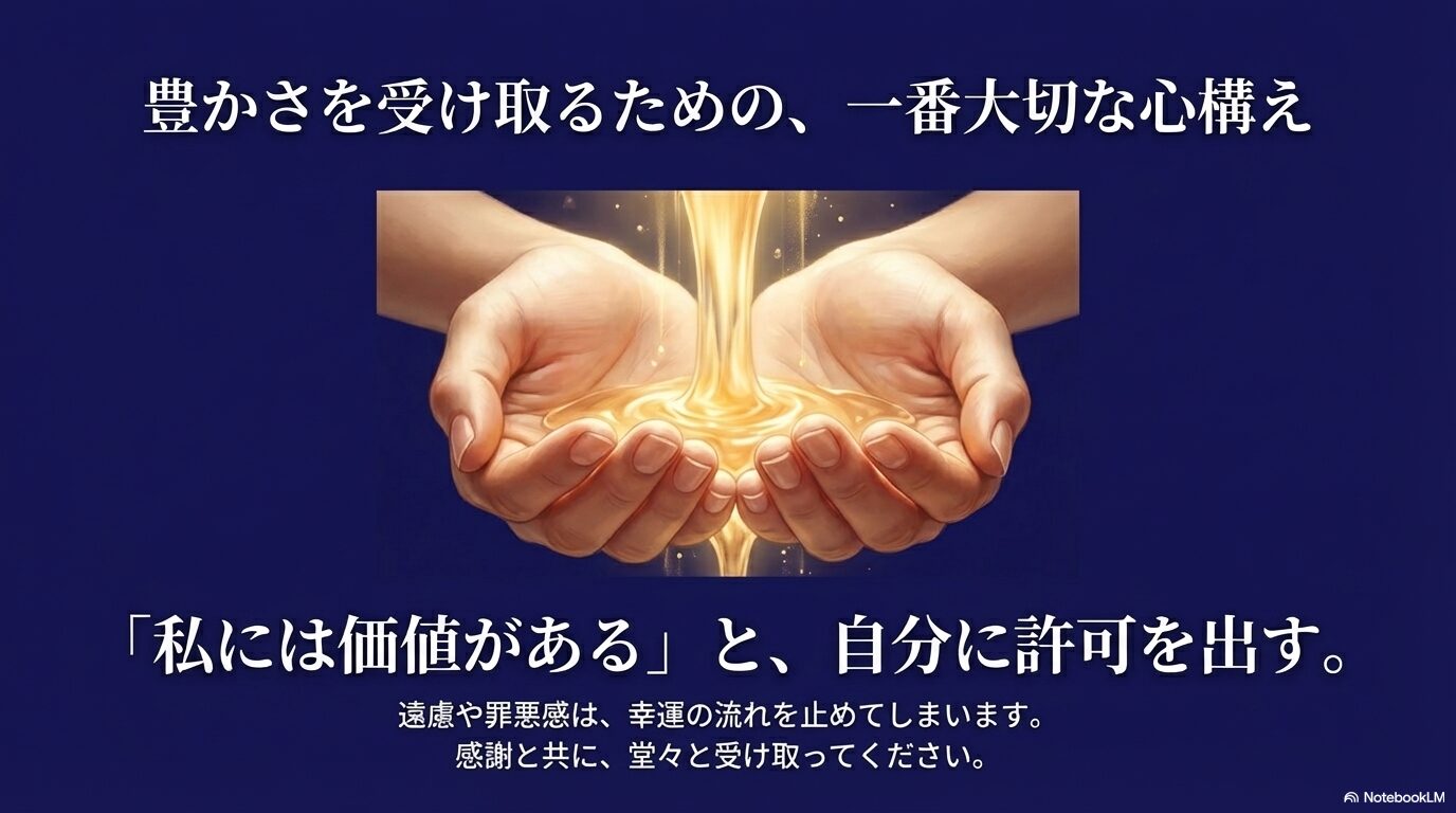 天から降り注ぐ黄金の光を両手で受け取る様子。自分に価値を認め許可を出すことの重要性