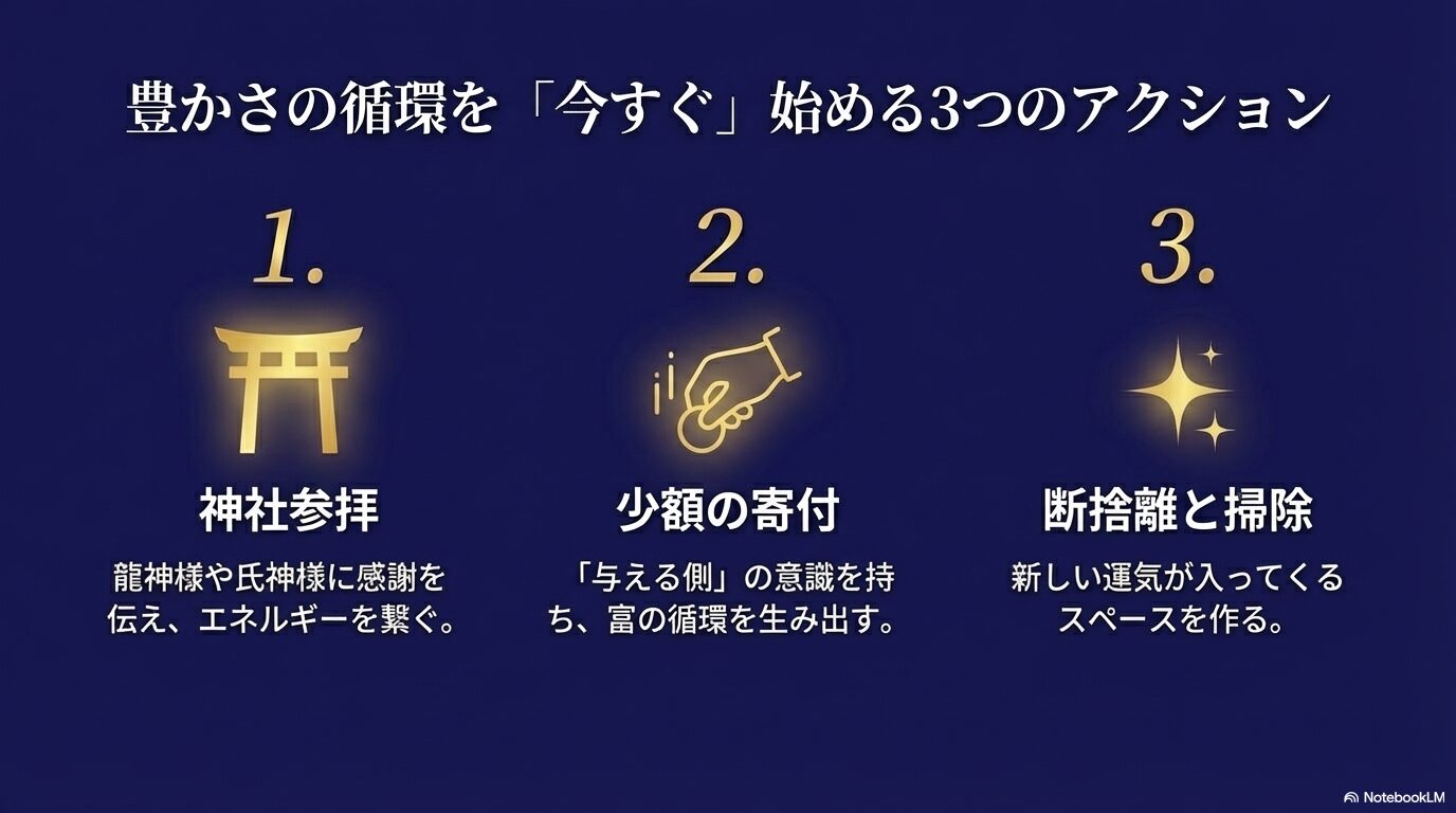 神社参拝、少額の寄付、断捨離と掃除の3つの開運アクションをまとめたリスト