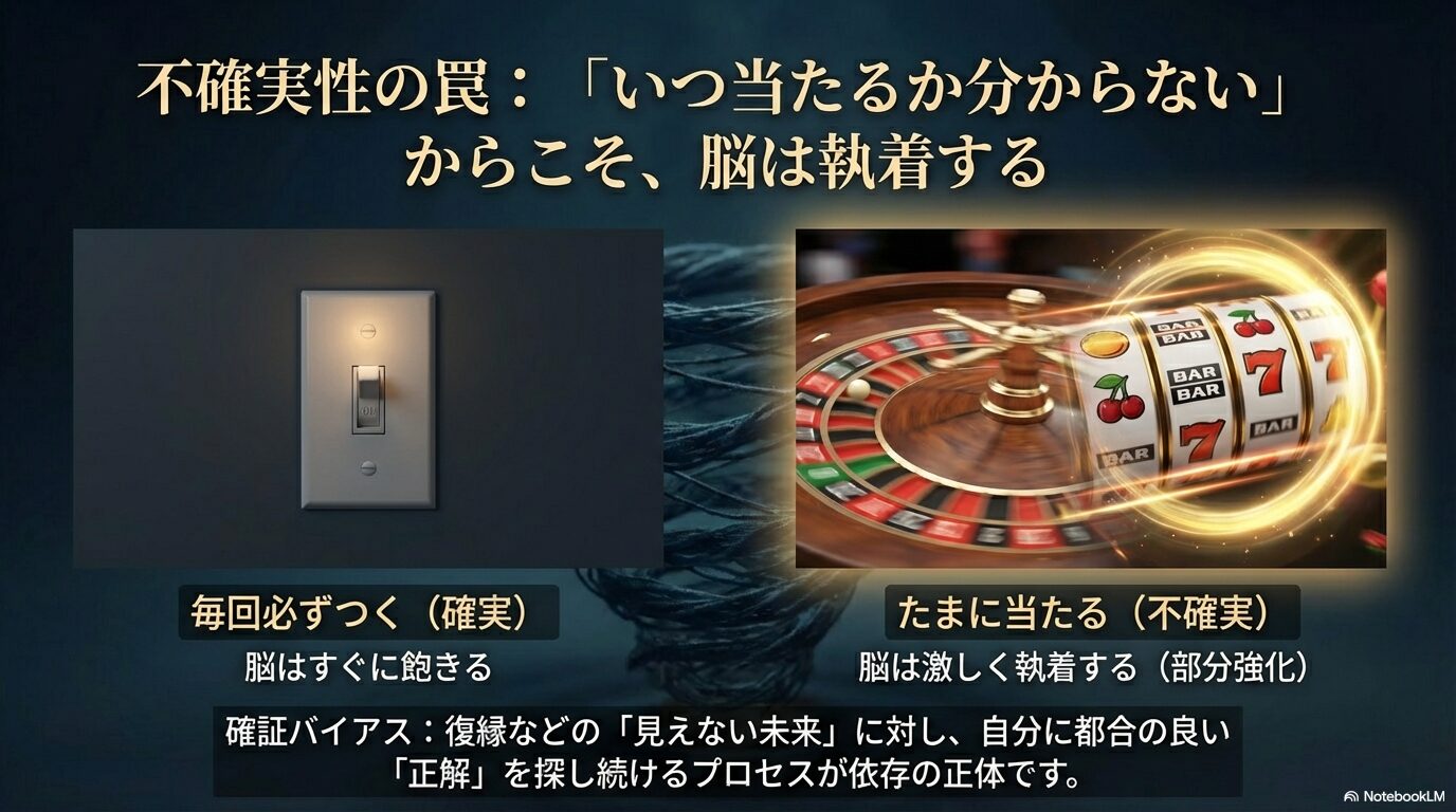 スロットマシンのイラスト。「いつ当たるか分からない」という不確実性が、脳を激しく興奮させ執着させる行動心理学的な罠(部分強化)の解説