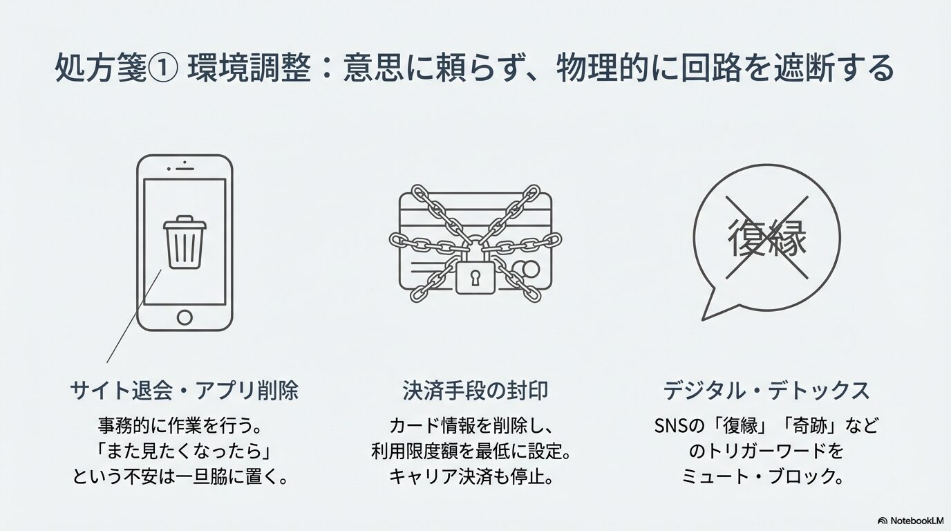 スマホからのサイト退会・アプリ削除、クレジットカードの利用停止、SNSのミュート設定など、物理的に占いを遮断するための環境調整リスト
