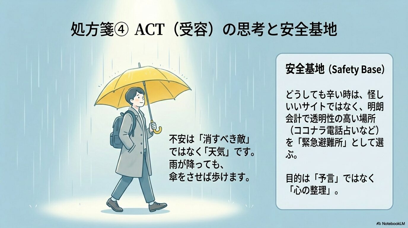 雨が降る中で穏やかに傘をさして歩くイラスト。不安を消そうとするのではなく、天気のようにあるがまま受け入れ、自分の足で歩き続けるACT(受容)の考え方