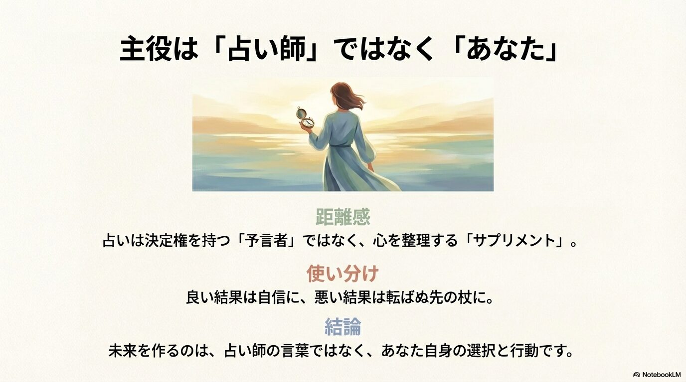 コンパスを持った女性が未来を見つめるイラスト。占いは決定権を持つ予言者ではなく、心を整理するサプリメントであり、主役は自分自身であることを伝えるメッセージ。