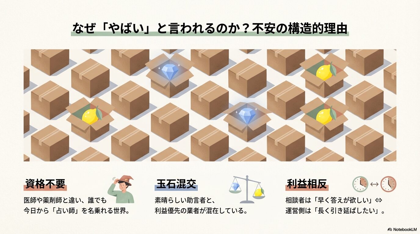 資格不要で誰でも参入できる電話占い業界の図解。素晴らしい助言者と利益優先の業者が混在する「玉石混交」の状態や、相談者と運営側の「利益相反（早く答えが欲しいvs引き延ばしたい）」の構造を示したイラスト。