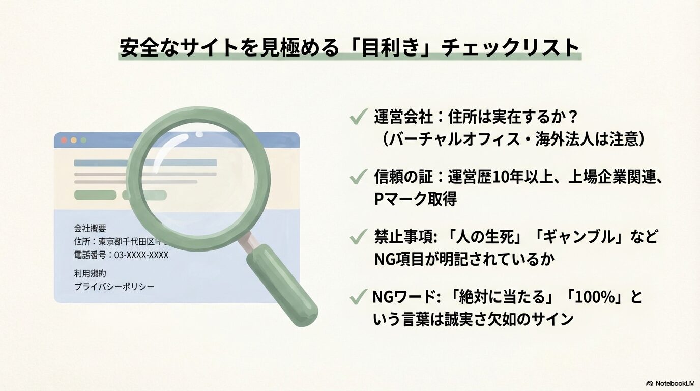 特定商取引法の表記、運営歴、プライバシーマークの有無など、信頼できる電話占いサイトを見分けるための具体的なチェック項目。「絶対に当たる」などのNGワードについても解説。