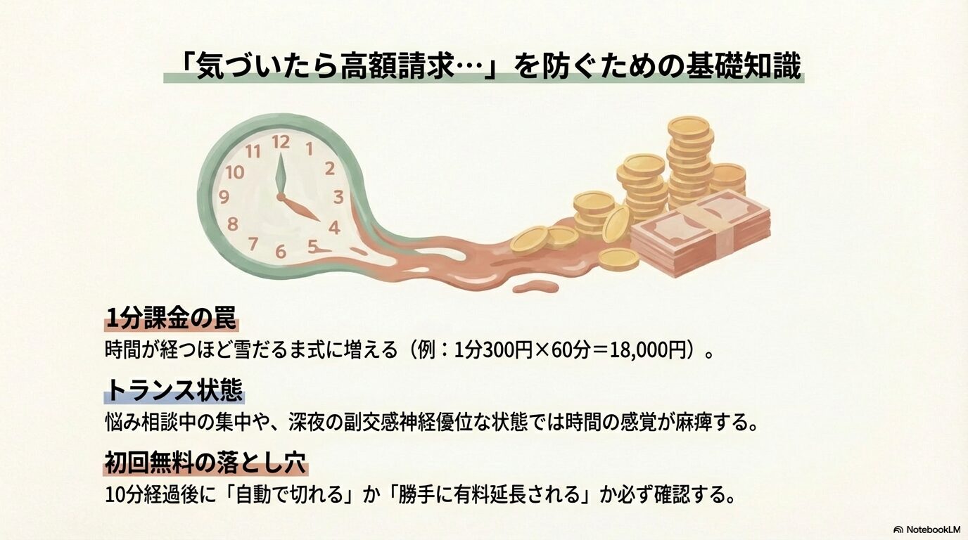1分課金が雪だるま式に増える計算式と、トランス状態での時間感覚の麻痺、初回無料の自動延長トラブルについて警告するスライド。