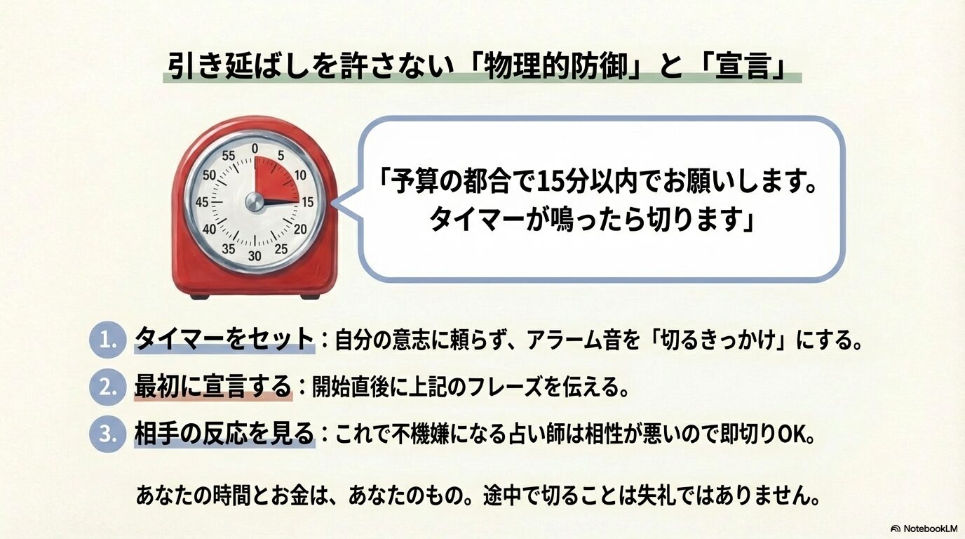 赤いキッチンタイマーのイラスト。「予算の都合で15分以内でお願いします」という具体的な断り文句と、タイマーをセットして物理的に電話を切るための3ステップの手順。