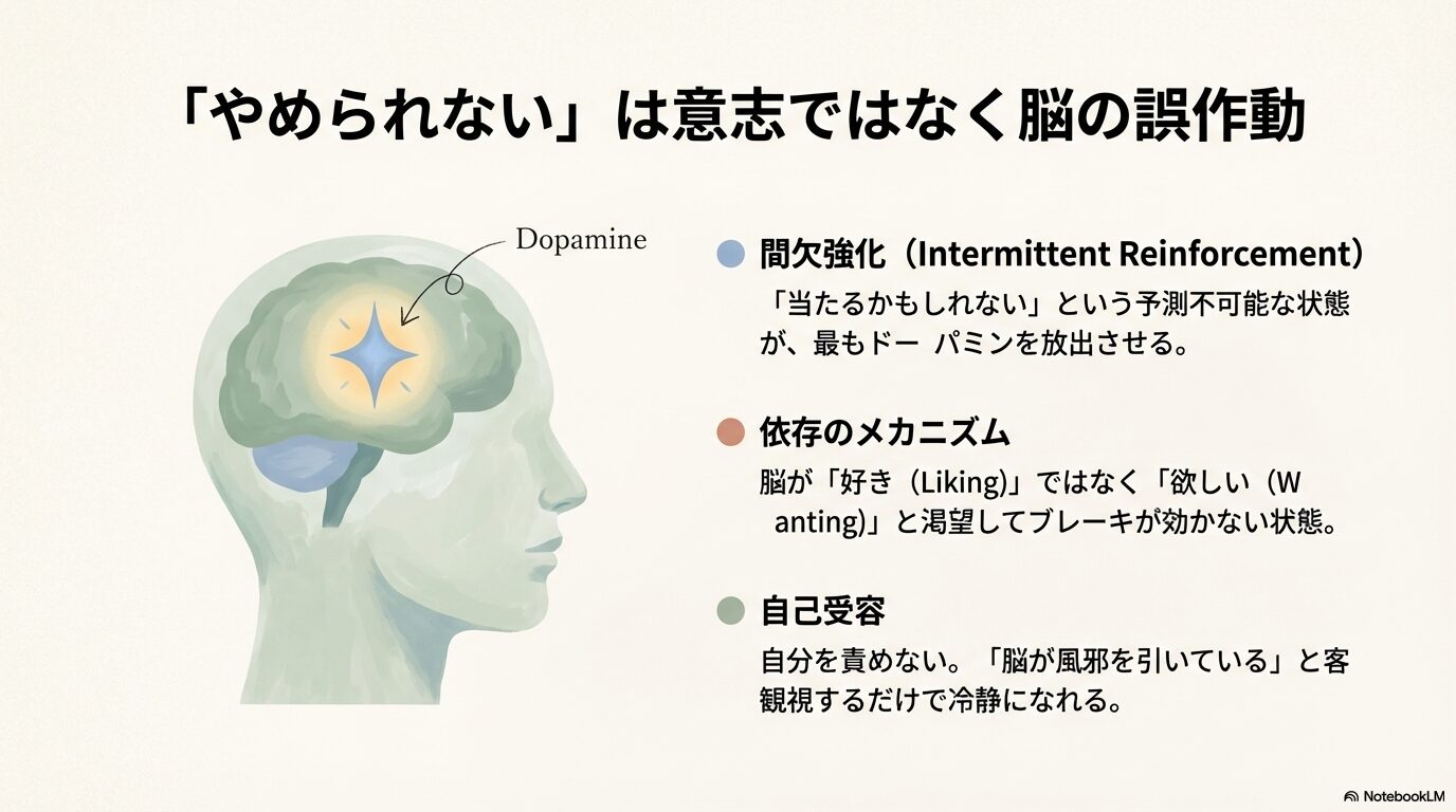 予測不可能な報酬（間欠強化）がドーパミンを放出させ、脳が「好き」ではなく「欲しい」と誤作動を起こす依存のメカニズム解説。自己受容の重要性についても記載。