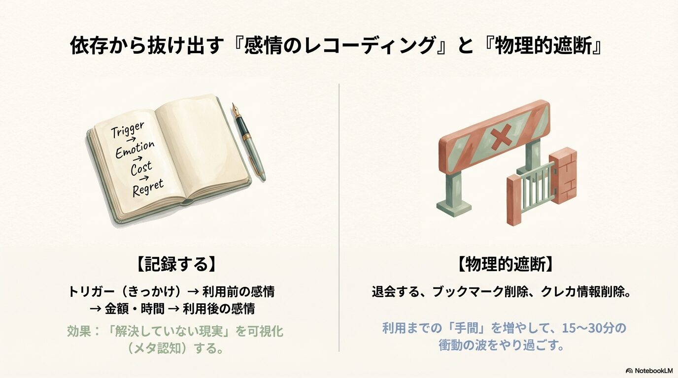 トリガー、感情、コスト、後悔を記録するノートのイラスト。依存から抜け出すための「感情の可視化」と、退会などの「物理的遮断」の重要性を説くスライド。