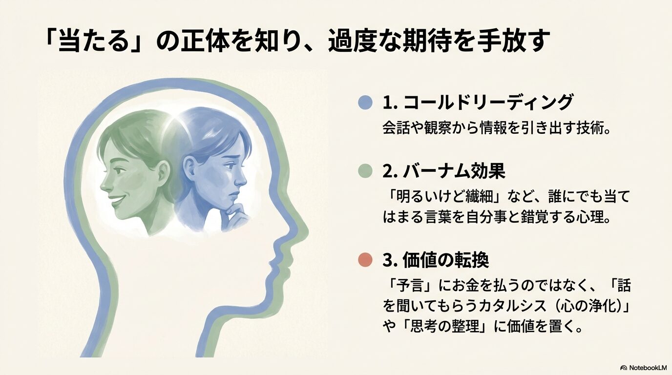 誰にでも当てはまることを自分事と錯覚させる「バーナム効果」や「コールドリーディング」の解説。占いを予言ではなくカタルシス（心の浄化）として捉える価値の転換についても言及