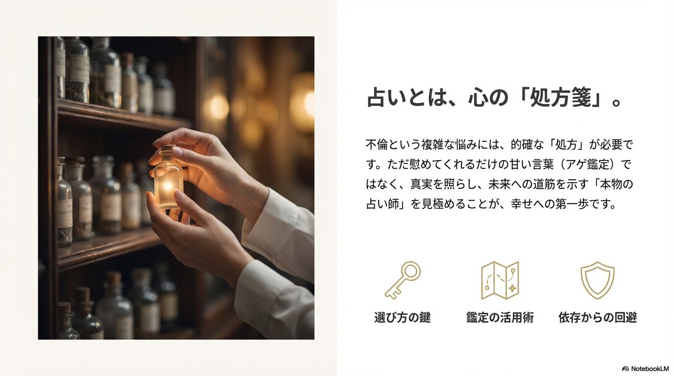 薬剤師が調合する薬のように、複雑な悩みに光を当てる「心の処方箋」としての占いのイメージ