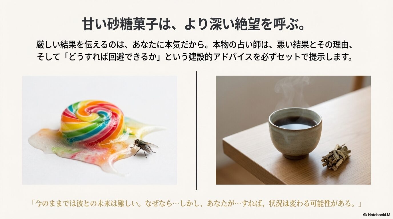 甘い砂糖菓子に群がるハエの画像。耳触りの良い言葉だけで真実を伝えない「アゲ鑑定」のリスクを風刺したイメージ