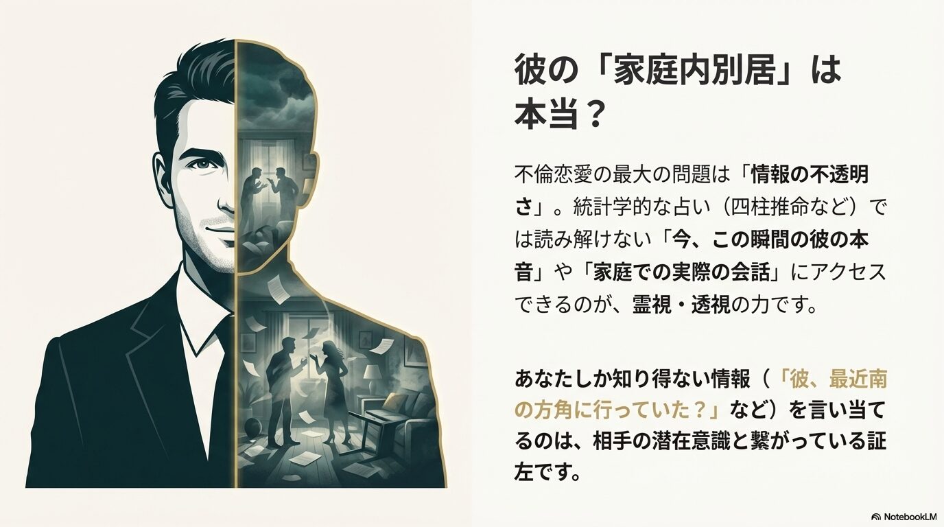 男性の爽やかな表情の裏側で、家庭内では争いが起きている様子を描いたイラスト。霊視によって見えない壁の向こう側を透視するイメージ