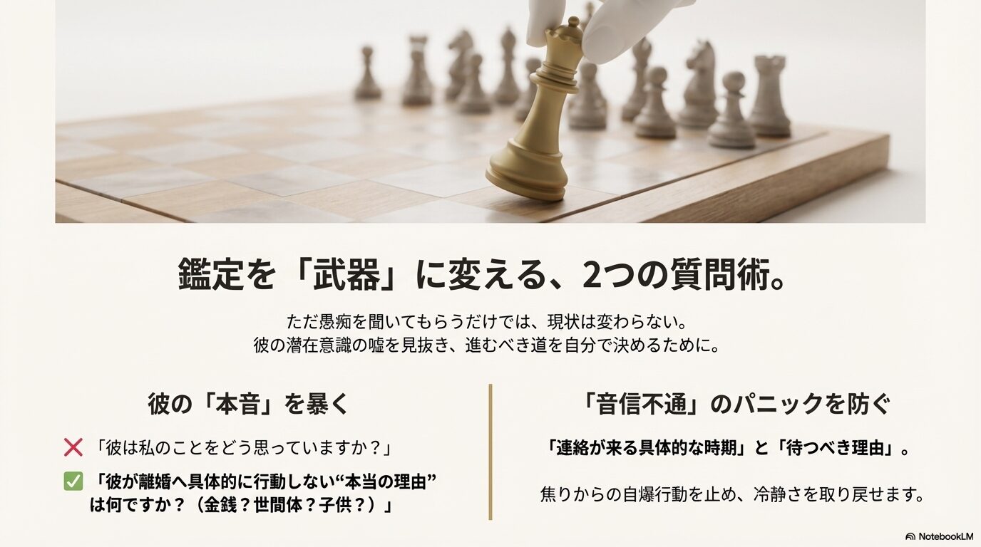 彼の本音や離婚しない理由を見抜くための、占い師への具体的な質問事項（チェックリスト）と男性のシルエット