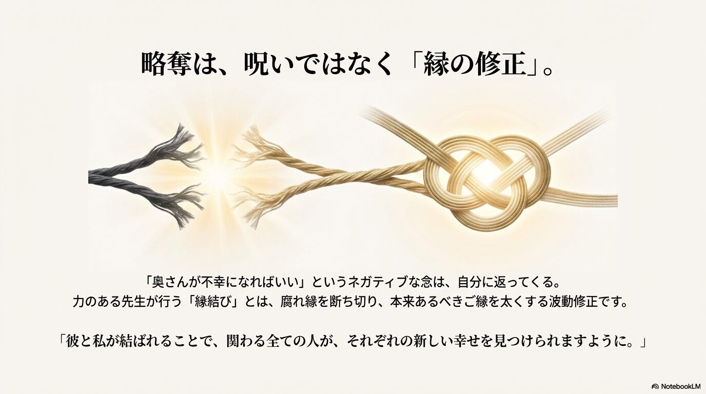 絡まった糸が解け、光り輝く結び目へと変わる様子。呪いではなく、正しい縁へと導く「縁結び」と「縁の修正」を表すイメージ