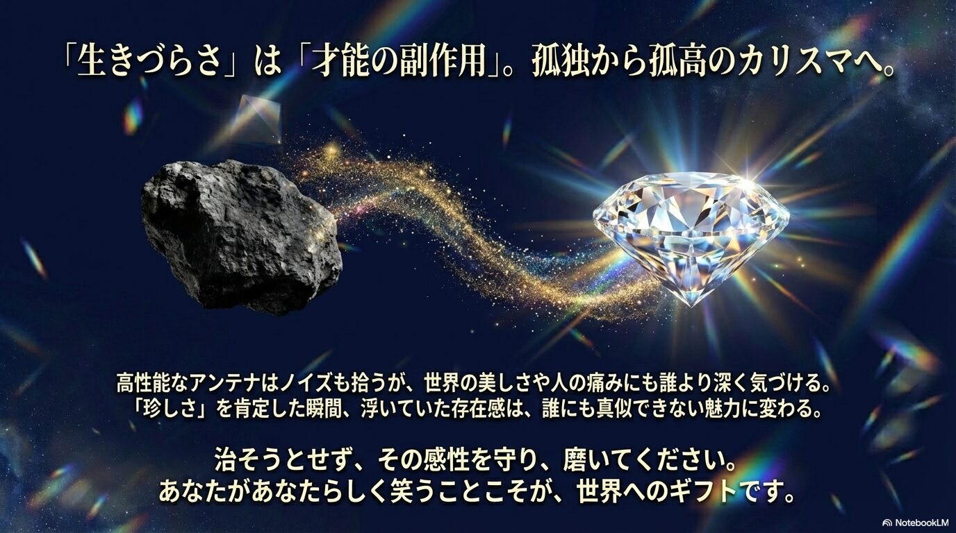 生きづらさは才能の副作用であり、感性を守り磨くことで孤高のカリスマになれるというメッセージ